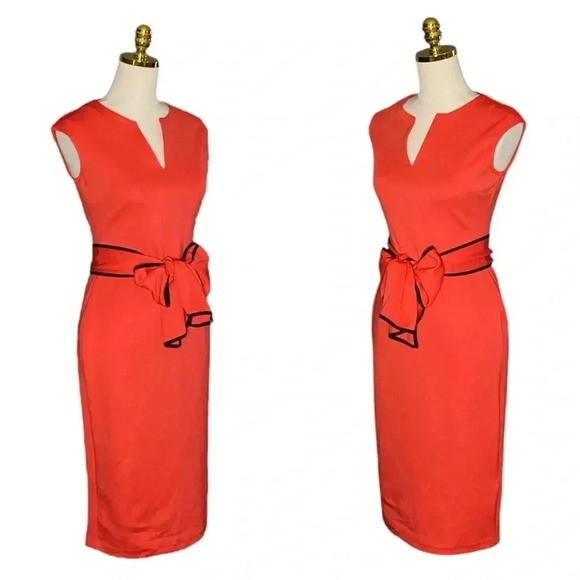 NEW YORK & CO | Cap Sleeve Piped Bow Waist Solid Sheath Midi Dress Size XS - Picture 2 of 9
